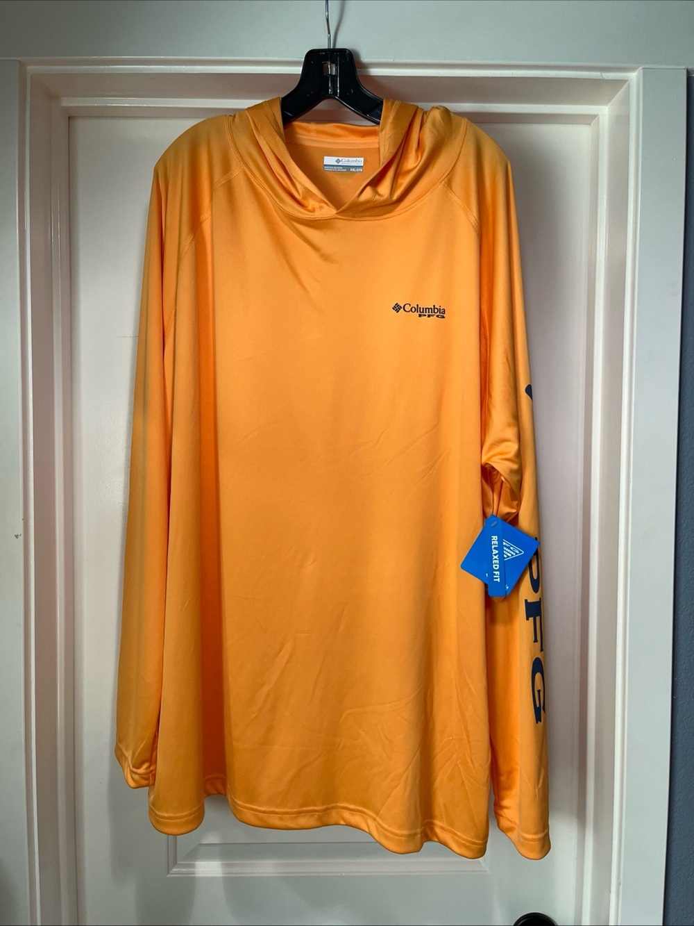 Mens XXL Columbia PFG Deep Waves Hoodie Orange UPF50 Sun Protection Shirt New